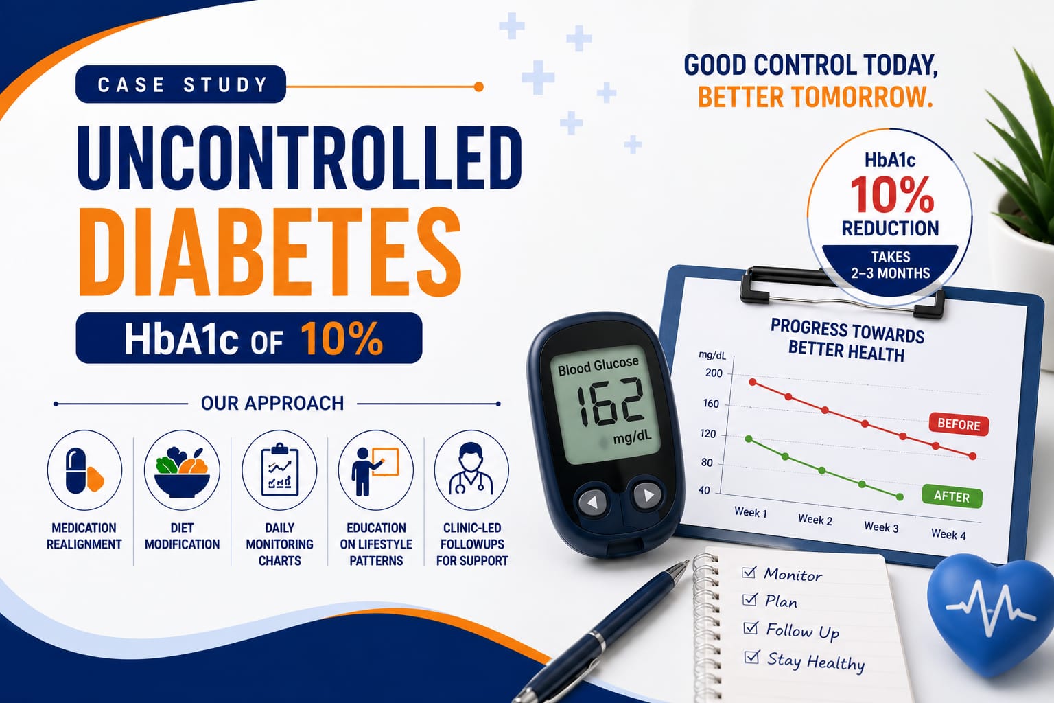 Case Study: Uncontrolled  Diabetes -HbA1c  of 10% , FBS- 200mg /dl , PLBS- 350 mg/dl with noticeable improvement within 1month (FBS- 120 mg/dl , PLBS- 180mg/dl) .